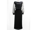 Size 10 Posh Evening Dress - 1960s Sheer Black Silk Chiffon & Cracked Ice Glitter - Medium 60s Formal Gown with Velvet Bow Waist - Bust 39