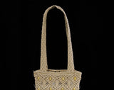 Hippie Shoulder Bag - Beige Neutral Macrame Style Purse - 1990s Does 1970s Sandy Cotton Cord with Wooden Beads and Long Fringe - Zipper Top