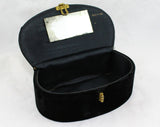 1930s Black Box Bag - Deco Velvet 30s Handbag - Brass Hardware - Mirror Inside - Oblong - Authentic 1930's Evening Purse - 47945
