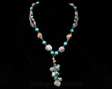 Seashells 70s Necklace - Lariat Style - Pretty 1970s Beach Jewelry - Sea Shell - Turquoise Blue Beads - Gold & Silver - Summer - 42386