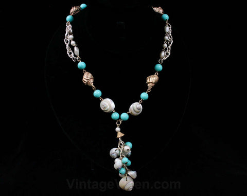 Seashells 70s Necklace - Lariat Style - Pretty 1970s Beach Jewelry - Sea Shell - Turquoise Blue Beads - Gold & Silver - Summer - 42386