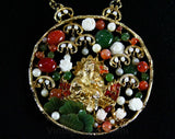 Swoboda Pendant Necklace - Asian Buddha Crane - Jade & Carnelian - Carved Flowers - Ornate 1970s Designer Jewelry - Statement Piece - 42642