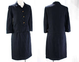 Size 8 50s Suit - 1950s Navy Silk with Wonderful Metal Daisy Flower Buttons - Dark Blue Tailored Office Jacket & Matching Skirt - Waist 26.5