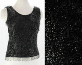 Size 8 Cocktail Top - 1960s Audrey Style Sequins Tank with Lavish Beadwork - Beaded Sleeveless Black Party Blouse - Bust 34.5 - 15703