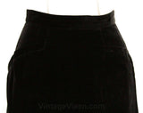 Size 4 50s Skirt - Classic Early 1950s Black Velveteen Skirt with Pockets - Small Tailored Velvety Cotton A-Line Office Wear - Waist 25