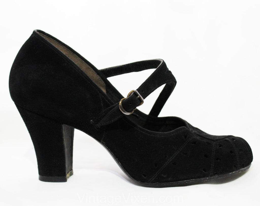 Size 5 1940s Deco Shoes - Unworn Beautiful Black Suede 40s Pumps with Leafy Cutouts & Asymmetry - Open Toe Heels - Pin Up Girl NOS Deadstock