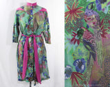 Size 8 Tropical Dress - Designer 80s Macaw Birds Novelty Print Cotton Gauze - Orchid Purple Sea Green - Resort Chic Louis Feraud - Waist 30