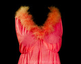 Medium Pink Nightgown with Marabou Feathers - Flirty 60s Fluorescent Coral Summer Nightie - 1960s Sexy Summer Lounge Wear - Bust 34 to 36