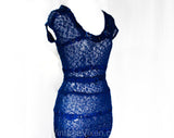 XS 1940s Cobalt Blue Dress - Gorgeous Sheer See-Through 40s 50s Rayon Knit - Ribbonwork Rhinestones & Beading - Long and Lean - Waist 24