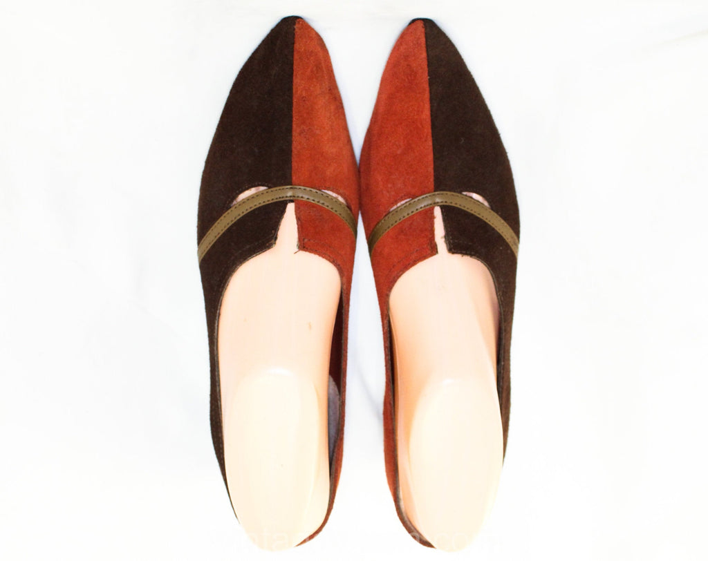 Size 7.5 1960s Brown Shoes - Unworn Two-Tone Sueded Leather Flats - Early 60s Burnt Orange & Chocolate Brown - 7 1/2 Narrow - 60s Deadstock