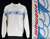 Mens Small Ski Sweater - Retro 70s Piedmont Airlines Men's Pullover - 1970s White Red Blue Wool Knit - Long Sleeve Winter Top - Chest 38