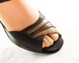 Size 6 1/2 Brown Sandal - Sexy Retro 30s Style Sandals - Size 6.5 M Deco 1970s Shoes - Radiant Tri Color - Peep Toe - 70s NOS Deadstock