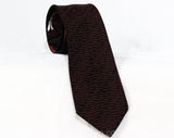 Men's 50s Skinny Tie - Mid Century Design Brocade - Copper Brown & Black 1950s Necktie with Modernist Crest - Mid 50's Downtown Office Wear