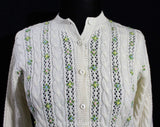 Size 12 Cream Wool Cardigan with Pastel Flowers - 60s Large Button Front Sweater - Ivory Ecru Cable Knit - Pink Yellow Green Blue Embroidery
