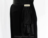 Size 6 Black 1950s Cocktail Dress - Small Marilyn Style 50s Fitted Crepe Bombshell with Pleated Taffeta Torso & Rhinestone Swag - Waist 26