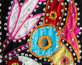 XL 1980s Bohemian Skirt - Black Boho Hippie Plus Size with Vivid Appliques Sequins & Mirrors - 80s 90s Fiesta - Size 20 22 - Waist up to 42
