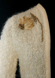 Size 6 Taupe Boucle Cardigan with Hand-Stitched Wildflower Embroidery - Early 1960s Beige Sweater - Neutral Spring Flowers - Bust 36 - 38124