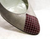 Size 6.5 Retro Heels - 40s Look Gray & Burgundy Leather Shoes - 1980s Retro Style - 1940s Inspired Shoe - Lattice Stitching - 6 1/2 M