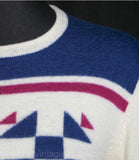 Size 6 Ski Sweater - Cool Retro Snowflake Motif Pullover - Winter Modernist 1980s Scandinavian Look - White Blue Purple - Bust 33 - 33497