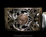 1950s Sterling Belt Buckle with Aztec Calendar & Silver Leather Belt - Size Large 14 to 18 - Western 50s Boho Rodeo - Guadalajara Mexico