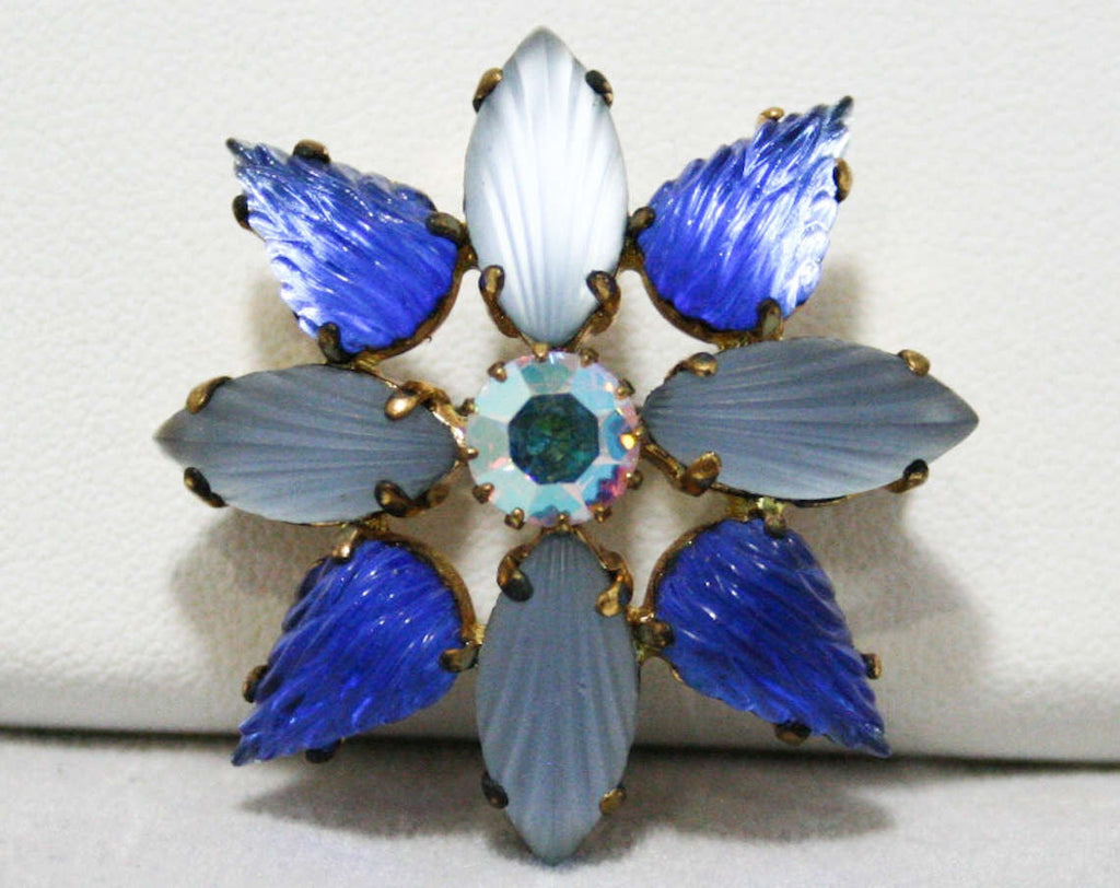 Beautiful Quality 1950s Starburst Pin - Sapphire Blue & Satin Glass - Two Tone Blues - West Germany - 50s Beauty - Aurora Borealis - 44398