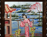 Pair Large Framed Pictures - 1940s Japanese Kimono Ladies - Hand Painted Eastern Garden Scenes - Pink Green Silver 40s WWII Era Boudoir Art