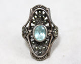Size 5 Sterling Ring - Large Victorian Edwardian Revival Style - 1960s 70s Ornate Ring with Aqua Blue Stone & Marcasite 1900s Filigree Look