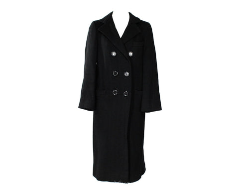 Size 10 Black Winter Coat - Elegant Designer 80s Overcoat by Pauline Trigere - Double Breasted Long Heavy Tailored Cold Weather - Bust 36