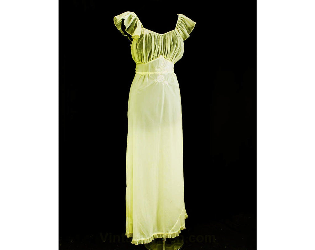 Large 1950s Nightgown - Pretty Sheer Yellow Pleated Lingerie - Filmy Ruffles - Elegant Lace - 50s Trousseau Chic - Size 14 Bust 42 Waist 34