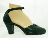 Size 8 1940s Green Shoes - 40s Peep Toe Heel with Sexy Ankle Strap - Emerald Hunter Forest - 8A Narrow Width Swing Era Pumps - NOS Deadstock