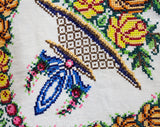 Magnificent Linen Tablecloth & Eight Matching Napkins - 1930s 40s Formal Dinner Embroidered Linens - Roses in Baskets Flourish Cross Stitch