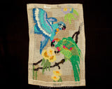 Needlepoint Fabric - Macaw Tropical Birds in Jungle Needle Point - Blue Green Pink 1970s 1980s Wool Yarn - Rectangular - 9.75 x 14.25 Inches