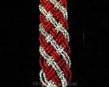 Beaded Braid Belt with Tassels - Red & Silver Glass Beads with Goldtone Metal Details - Small Medium - Striped 1960s Goddess Tie Sash