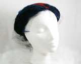 1940s Hat - Scarlet Red Felt - Sapphire Blue Feathers - Veiling - Elegant - Dramatic 41312