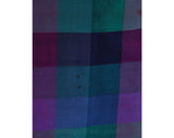 Size 10 Silk Dress - 1960s Purple & Turquoise Blue Checked Thai Silk - 60s Long Sleeved Modest Tunic Sheath - Made in India - Bust 36