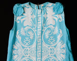 Size 8 Girls Dress - Aqua Blue Mediterranean Cotton Shift - 60s Sleeveless Brocade Summer Dress - Made in Greece - Child Size - Bust 28
