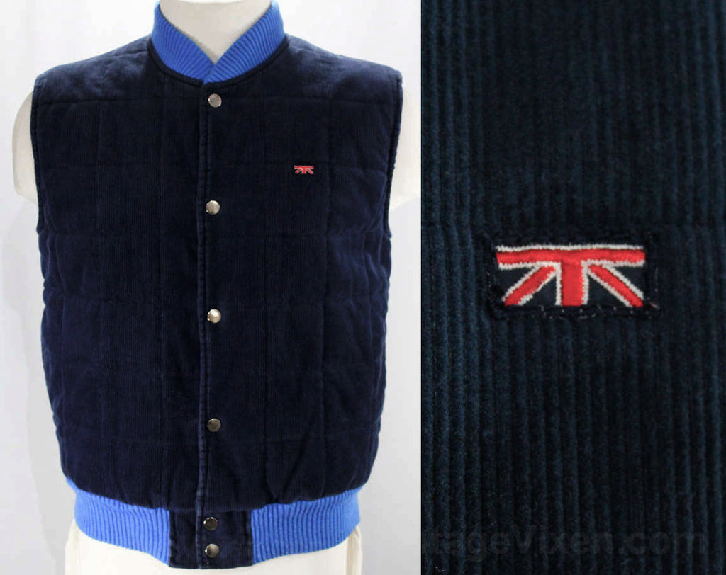 Mens Small Blue Vest - 1970s Corduroy Men's Vest by Brittania - Sleeveless Puffy Jacket - Navy Quilted Cotton - Fall 70s 80s - Chest 40