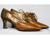 Size 9.5 Antique Style Shoes - Faux Alligator Caramel Brown Leather Heels - Bronze Gold Metallic Lace Up Oxford Pumps by Desiree - Point Toe