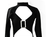 XXS 1990s Sexy Club Dress - Black Knit Bodycon 90s Mini Dress with Cutouts & Silvertone Buckles - Bare Midriff - Long Sleeve - Bust 30