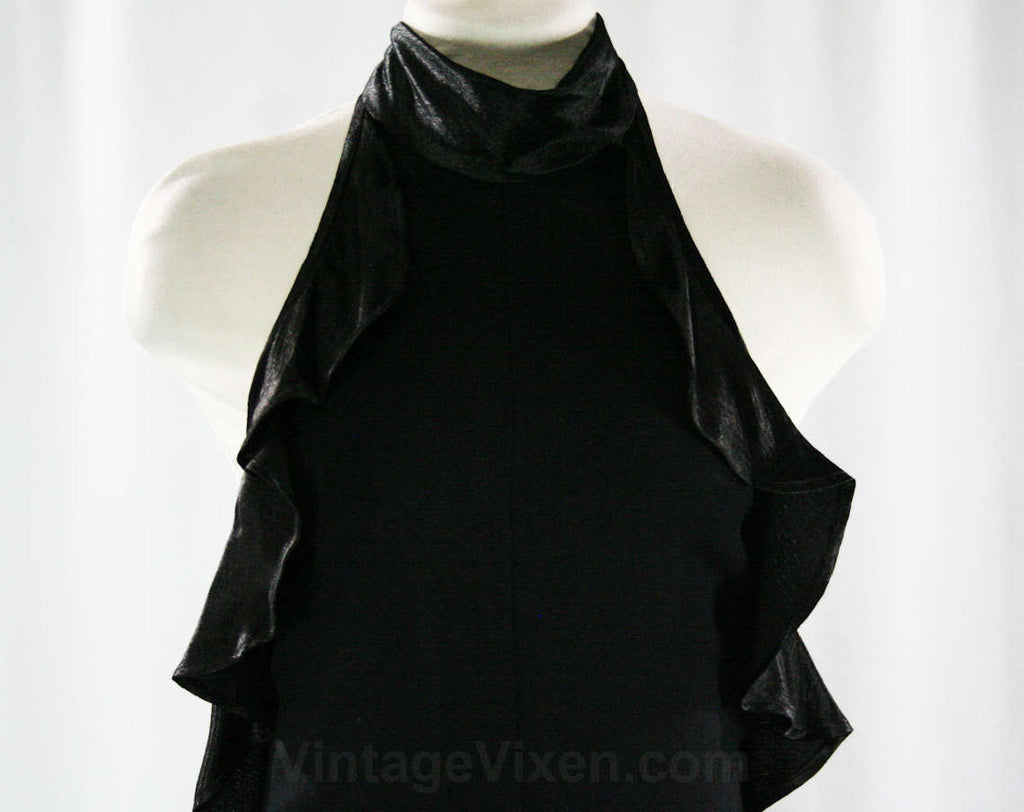 Size 2 Flapper Style Halter Dress - Sexy Black Wool & Satin Cocktail F Vintage Vixen Clothing Size 2 Flapper Style Halter Dress - Sexy Black Wool & Satin Cocktail F Vintage Vixen Clothing