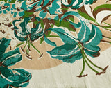 1940s Tiger Lilies Tablecloth - Turquoise Blue & Orange Tropical Floral Print Cotton 40s 50s Table Cloth - Roses Gladiolus Large Rectangle