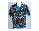 1940s 50s Men's Rayon Aloha Shirt - Chocolate Brown & Cobalt Blue Palms Novelty Print 1950s Hawaiian Style Summer Mens Top - Chest 42