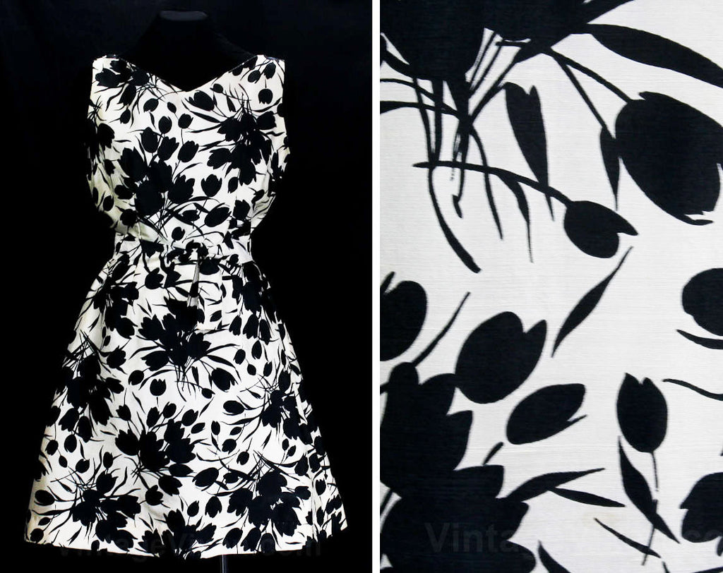 Size 8 Silk Dress - 1950s Black & White Tulip Print Floral - Chic 50s Summer Fitted Bodice and A Line Skirt - Original Belt - Waist 27