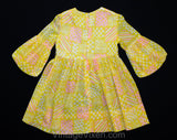 Girl's 4T 5T 1960s Dress - Toddler Girls Summer Frock - Charming Yellow & Pink Dotted Swiss Sheer Cotton with Bubble Sleeves - Chest 24
