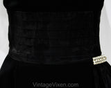 Size 6 Black 1950s Cocktail Dress - Small Marilyn Style 50s Fitted Crepe Bombshell with Pleated Taffeta Torso & Rhinestone Swag - Waist 26