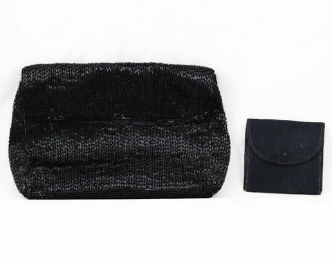 1930s Evening Bag - Hand Beaded Black Formal Purse - Small 30s Dance Handbag - Coin Purse Included - As Is - Salvage or Scrap Project Piece
