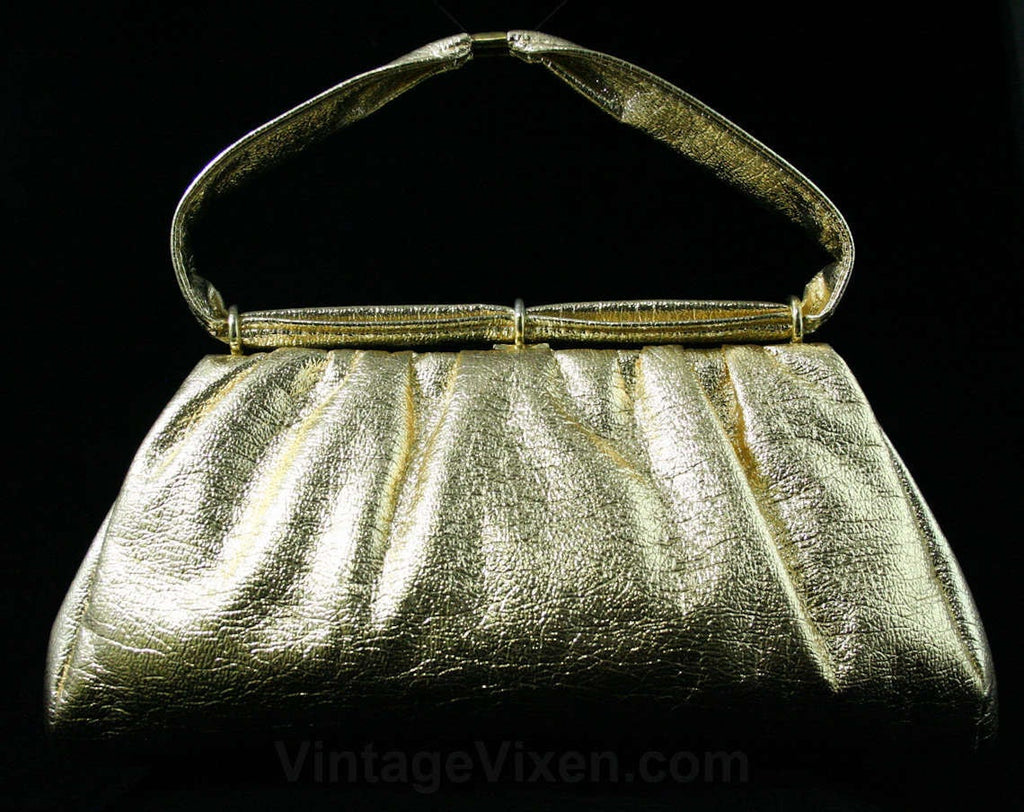 Glam 1960s Metallic Gold Purse - 60s Handbag - Faux Shiny Leather - 60s Purse - Mid Size - Glamour - Metal Rings - Evening - Formal - 43324