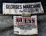 Size 12 1980s Guess Denim Jacket - Child's Preteen Boy Jean Street Wear - Dark Blue Cotton - Georges Marciano Question Mark Logo - Bust 35.5