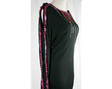 Size 6 Black Dress - Vampish 80s Black Jersey Sheath with Pink & Purple Sequins - Late 1920s Flapper Look - 1930s Style - Hip 36 - 40595