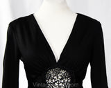 Size 6 Hippie Black Dress - Bohemian 70s Polyester Knit with Peek A Boo Bare Midriff Waist Medallion - Slit Long Angel Sleeve - Bust 33.5